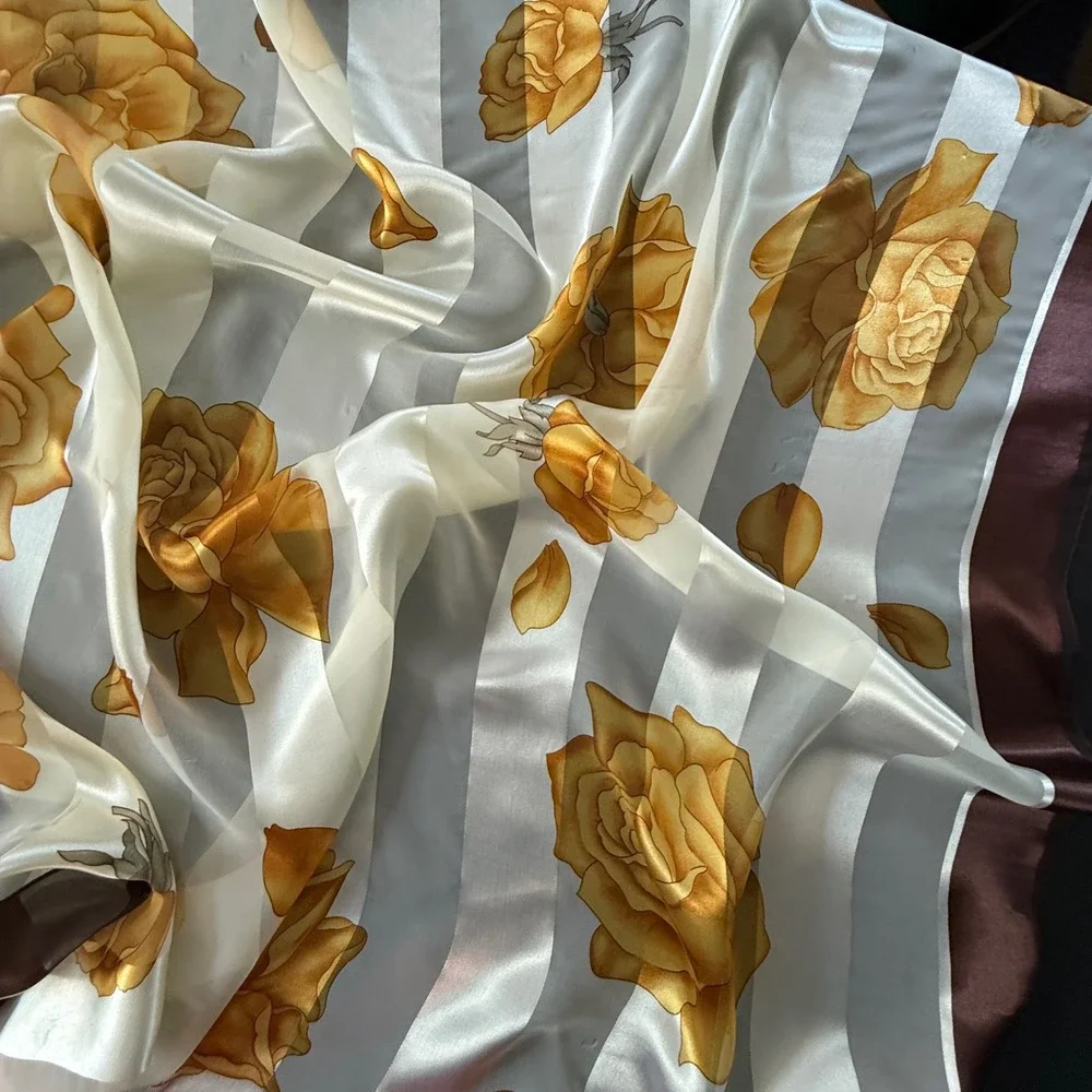 Vintage Oversized Square Scarf Brown Yellow Floral Striped Satin Chiffon‎ 40x40